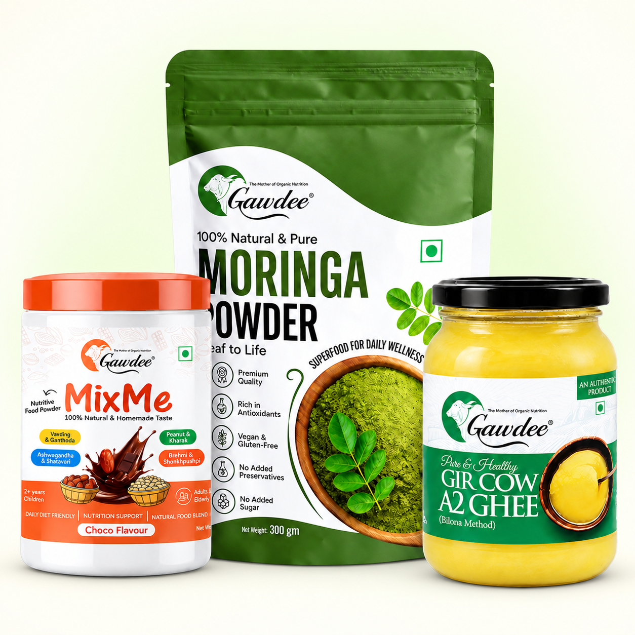 Health Combo: Moringa Powder, MixMe Choco, A2 Gir Cow Ghee
